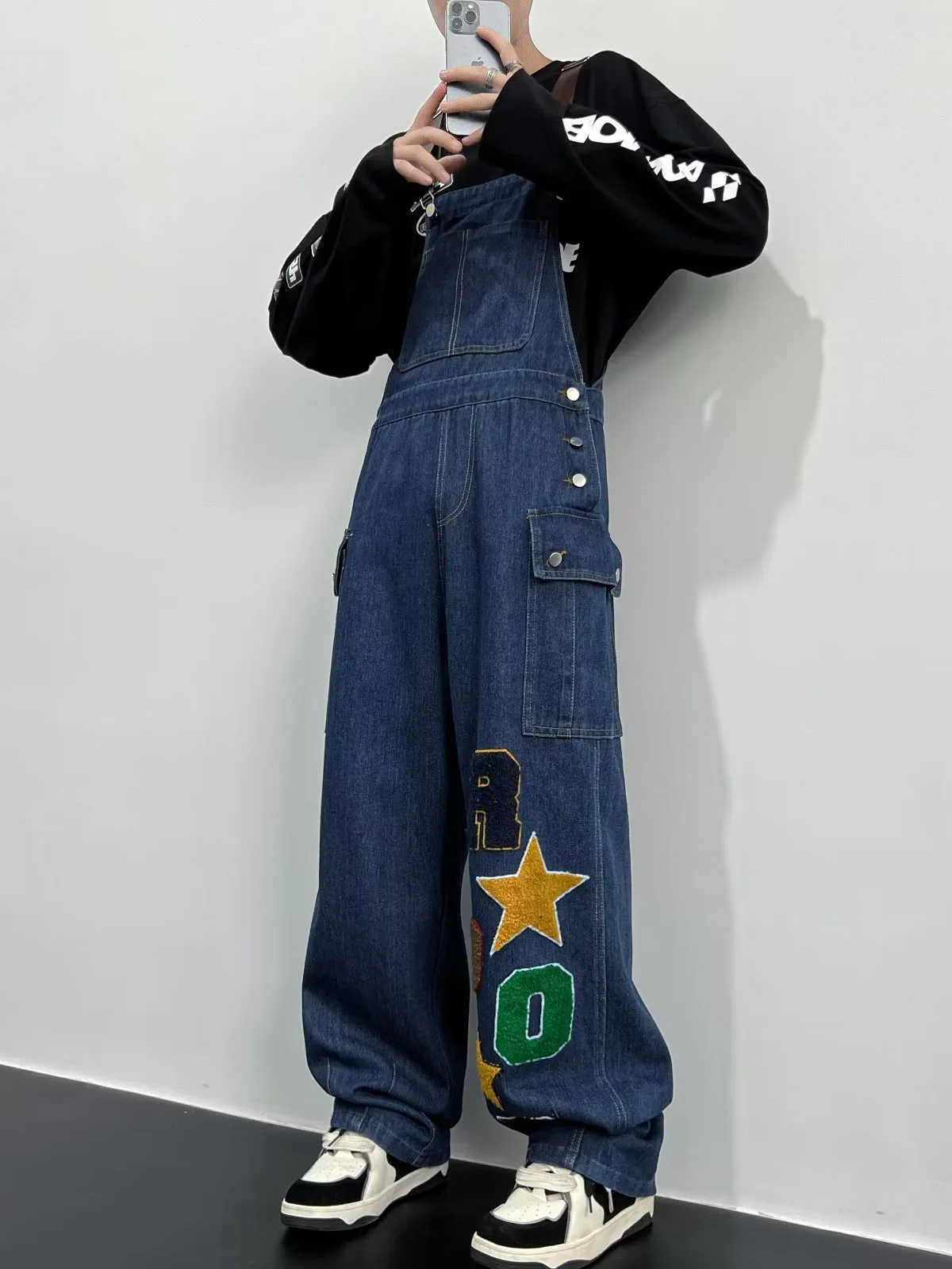 Letter Embroidered Denim Strap Pants With Button Design For Neutral Style Loose  Versatile Belt High Waisted Pants