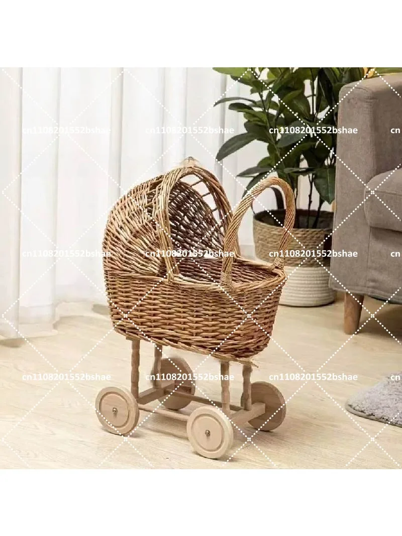 Handwoven Wicker Bassinet Stroller with Storage Basket for Pets and Infants Boho Nursery Decor
