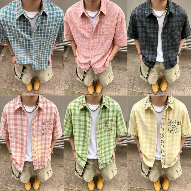 Herren Kariertes Kurzarmhemd, Locker Geschnittenes Hemd mit Reverskragen, Leichte Atmungsaktive Freizeithemden für Urlaub, Strand, Streetwear, Sommerbluse