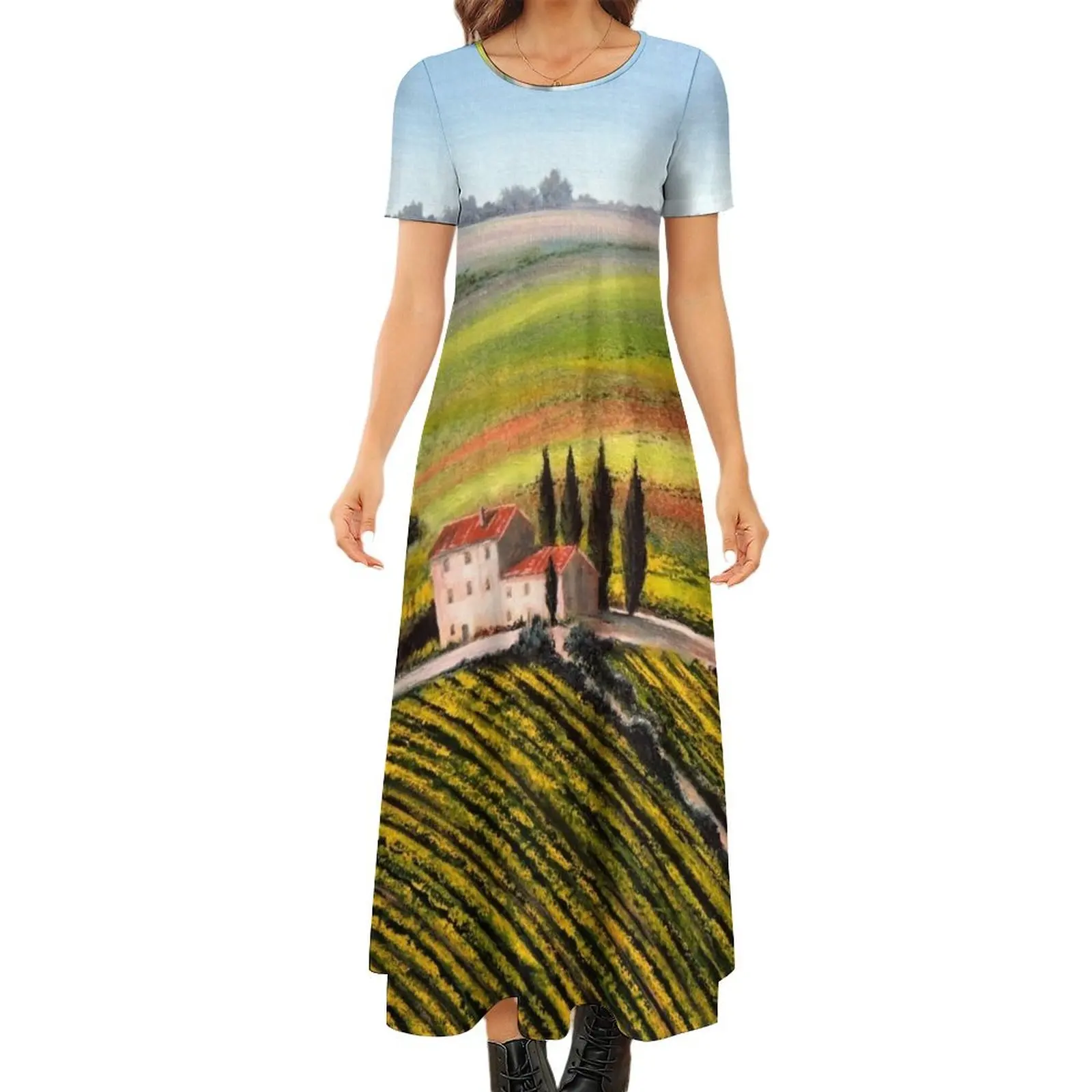 

Tuscany - Vineyards Round Neck Short Sleeve Dress Evening gown dress party night