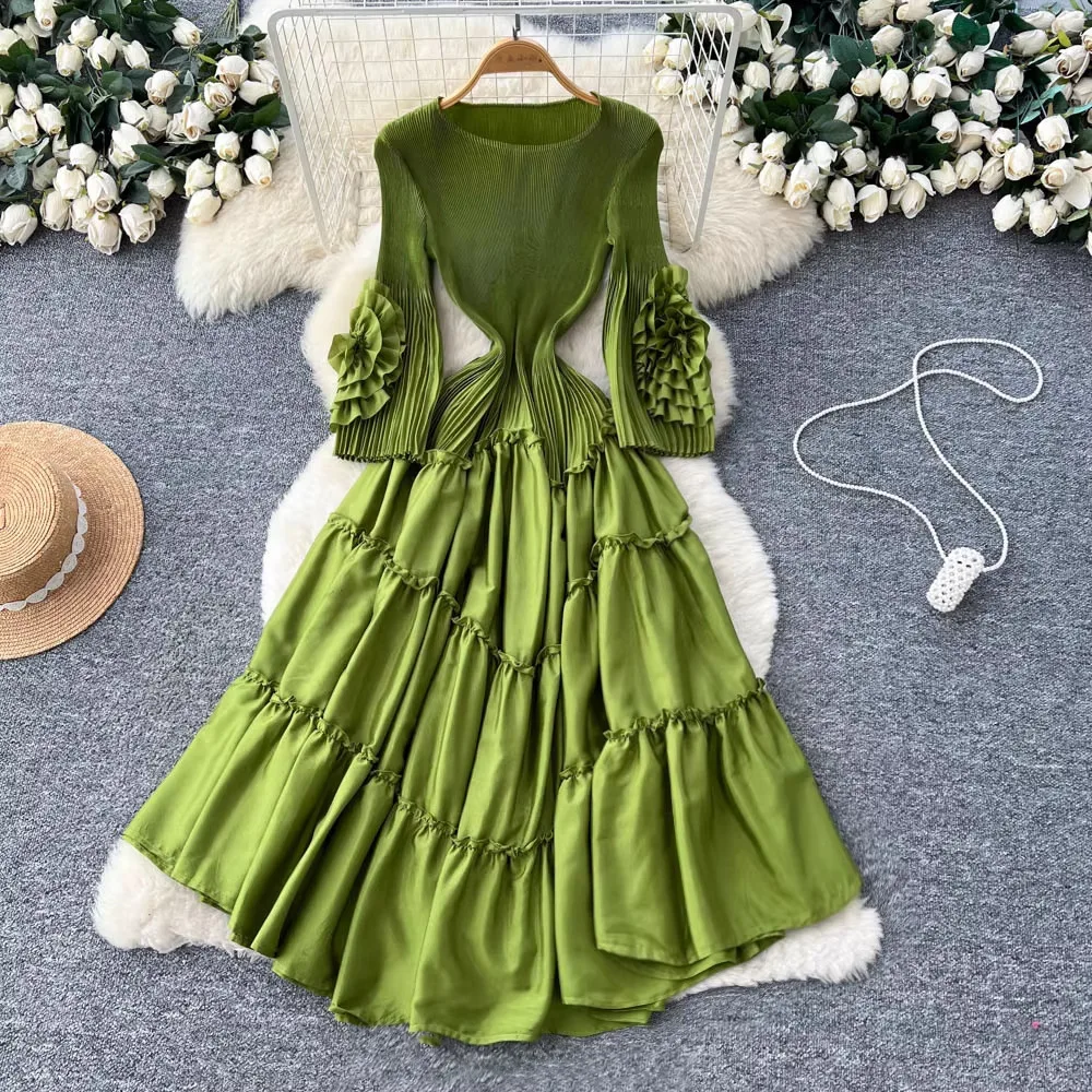Miyake V-neck Flower Decorative Ruffle Leaf Edge Dress Women's Long-sleeved Pleated + Waist and Thin Temperament Big Swing Dress