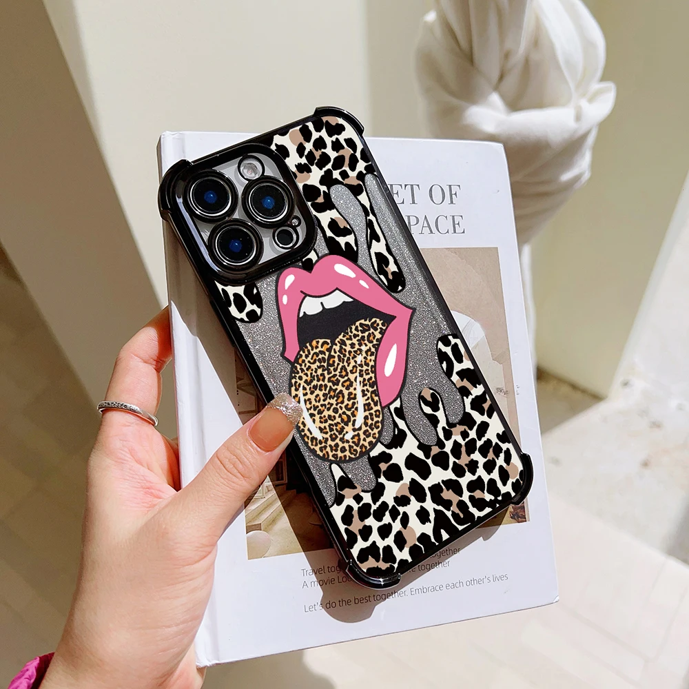 Large Tongue Leopard Print Plating Case For Samsung S24 S23 S22 S21 S20 FE Note20 Plus Ultra 4G 5G Anti Fall Airbag Back Cover