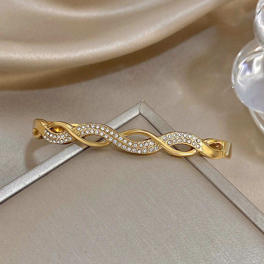 

Exquisite Zircon Stainless Steel Bangle Bracelet for Women Trendy Hollow Out Cross Open Spring Bangle Waterproof Jewelry