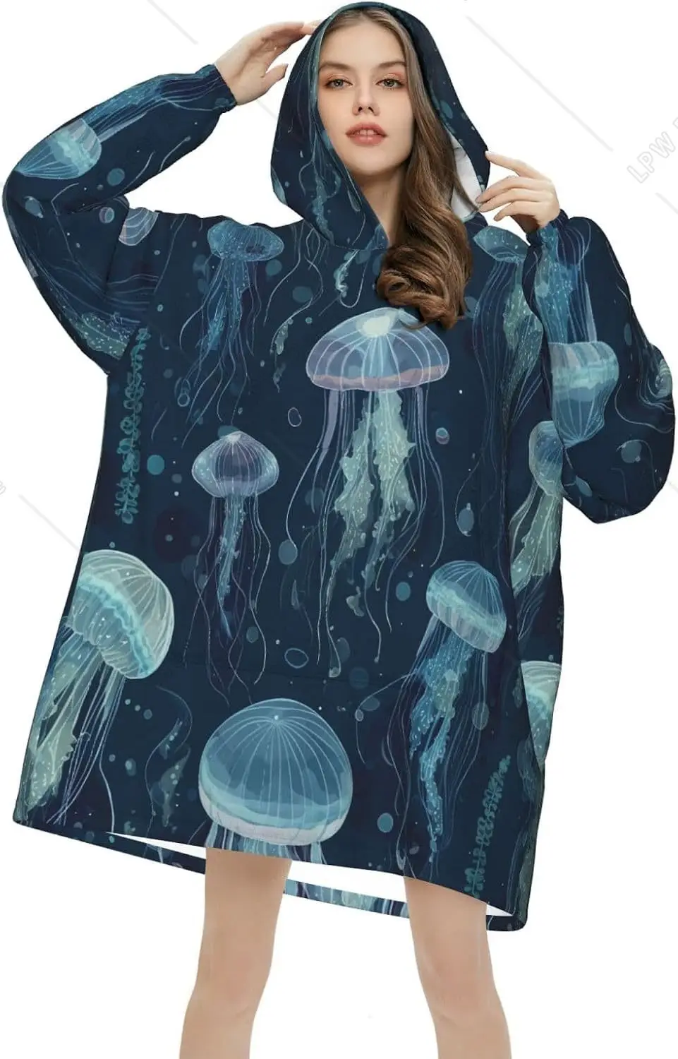 Sea Jellyfish Wearable Blanket Hoodie Oversized Sweatshirt Blanket Cozy Warm Sherpa Hooded Blanket With Pocket