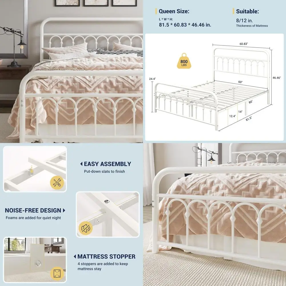 Victorian-Style 14 Queen Metal Bed Frame with Curved Headboard, Footboard, Slat Support, Easy Assembly, Storage Space, White