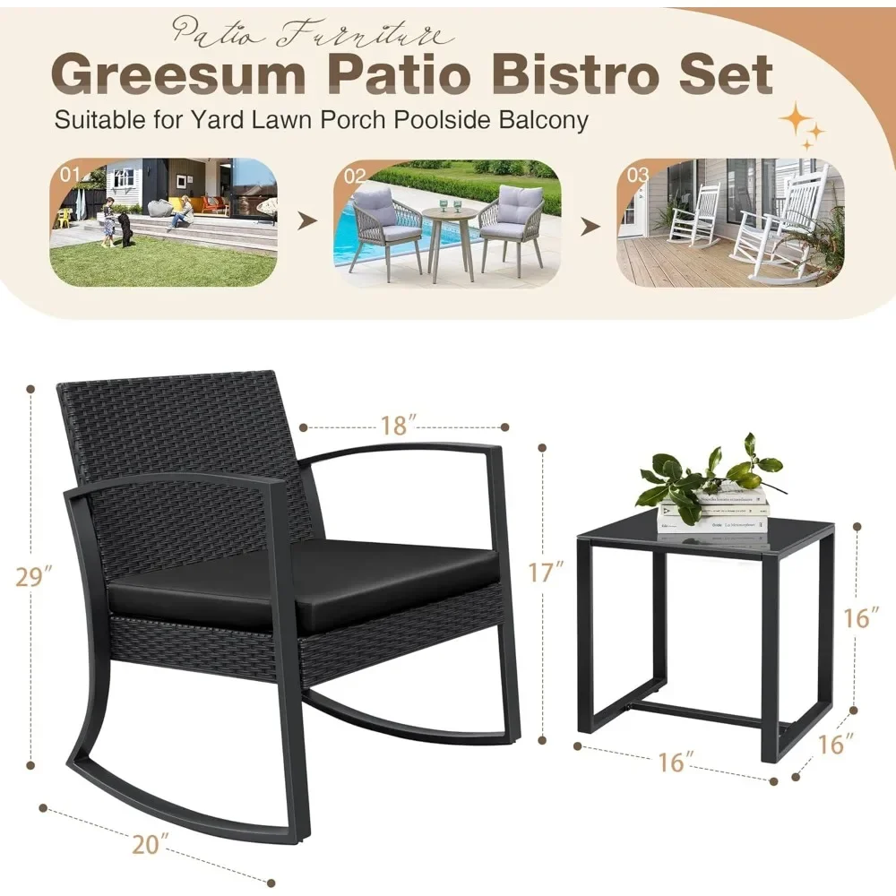 3 Pieces Outdoor Furniture Set Patio Bistro Rocking Chairs and Glass Coffee Table