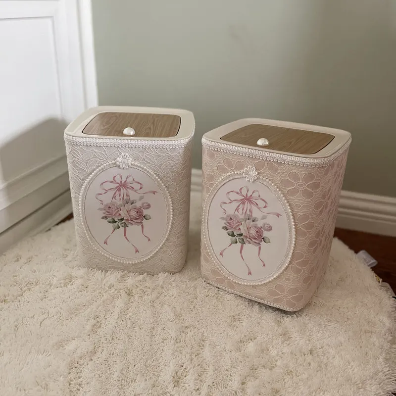 Korean high-grade lace square trash can press with lid storage bucket high foot floor waste paper basket sundries storage box