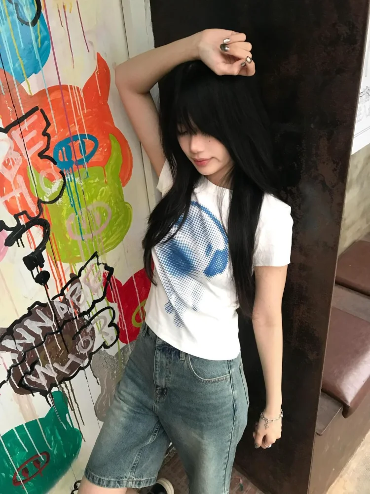 Cartoon Puppy Print White Short Sleeve Tshirt Women Summer New Slim Casual Versatile Tees Simple Y2k Aesthetic Crop Top