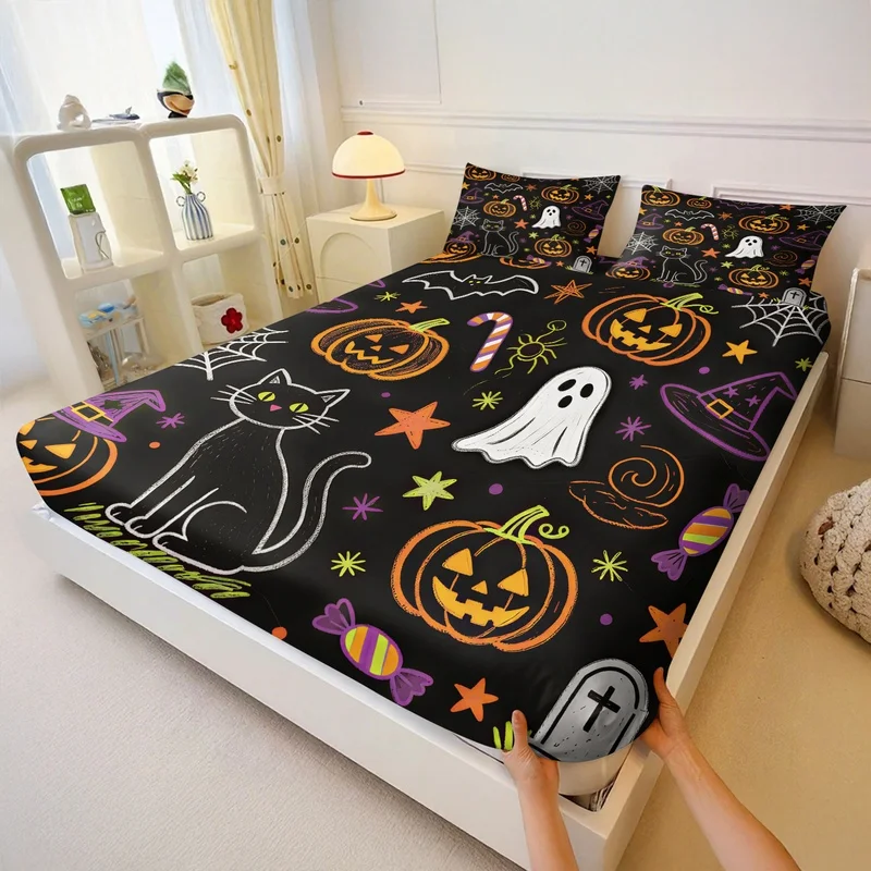 Cute Halloween Fitted Sheet Set Cartoon Ghost Black Cat Pumpkin Tombstone Print Bed Sheet Sets Kawaii Bedroom Decor Holiday Gift
