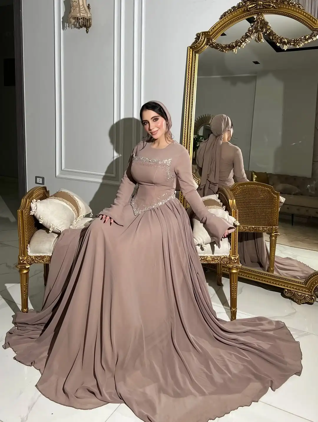 تصميم جديد يا الرقبة الديكور مشد أنيق كامل الأكمام ثنيات ألف خط أزياء ساحرة حفلة موسيقية اللباس الرسمي