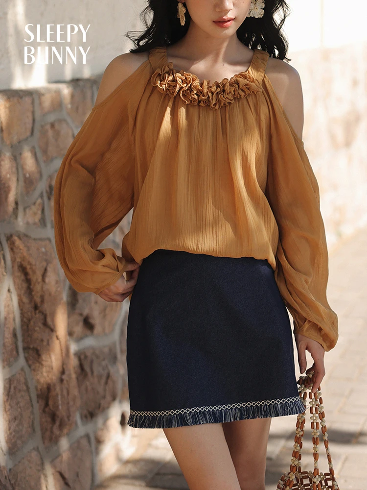 

Summer Off Shoulder Blouse Women French Style Halter Neck Top Ruffle Trim Loose Lantern Sleeve Shirt Chic Casual Vacation Look