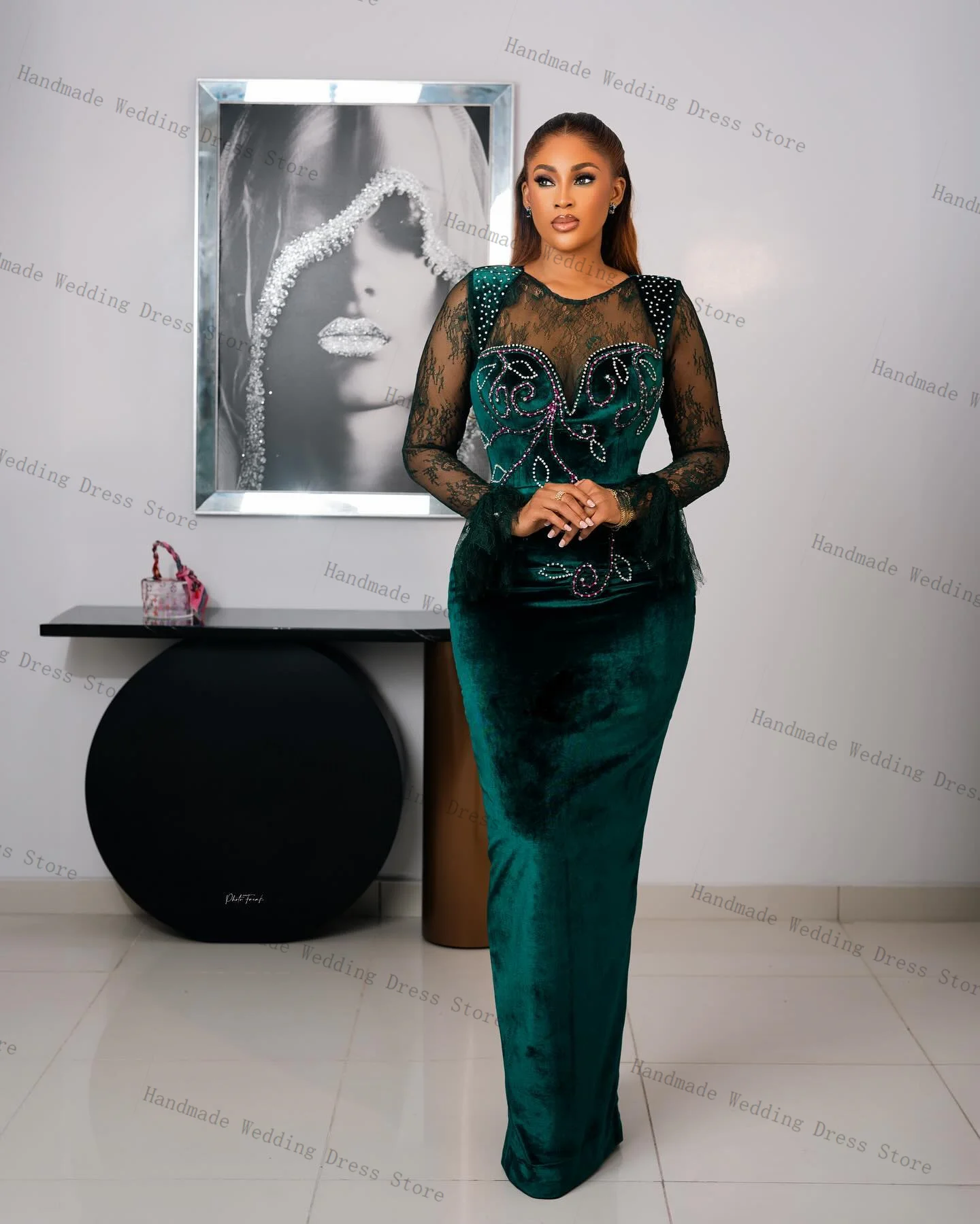 Vestido de fiesta de terciopelo verde, vestido de novia Sexy transparente de manga larga con cristales de piedra, vestido largo de sirena personalizado con cordones en la espalda