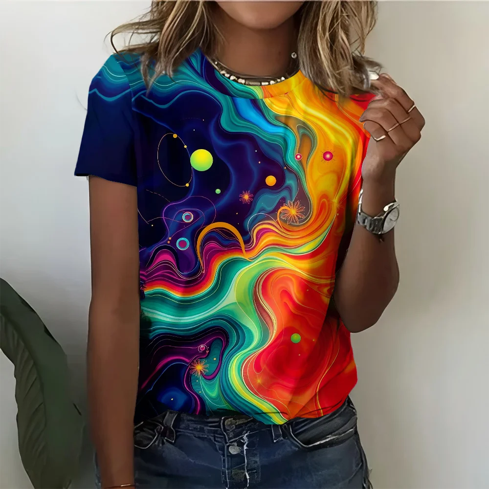 

Abstract Full-color Wave Art Women's Casual Fashionable Comfortable Color Blocked Gradient Short Sleeve