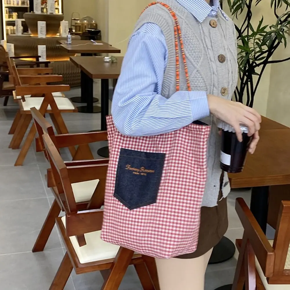 

Cloth Double Sided Plaid Canvas Bag Korean Style Retro Denim Shoulder Bag Large Capacity Handbag Bohemian Messenger Bag Travel