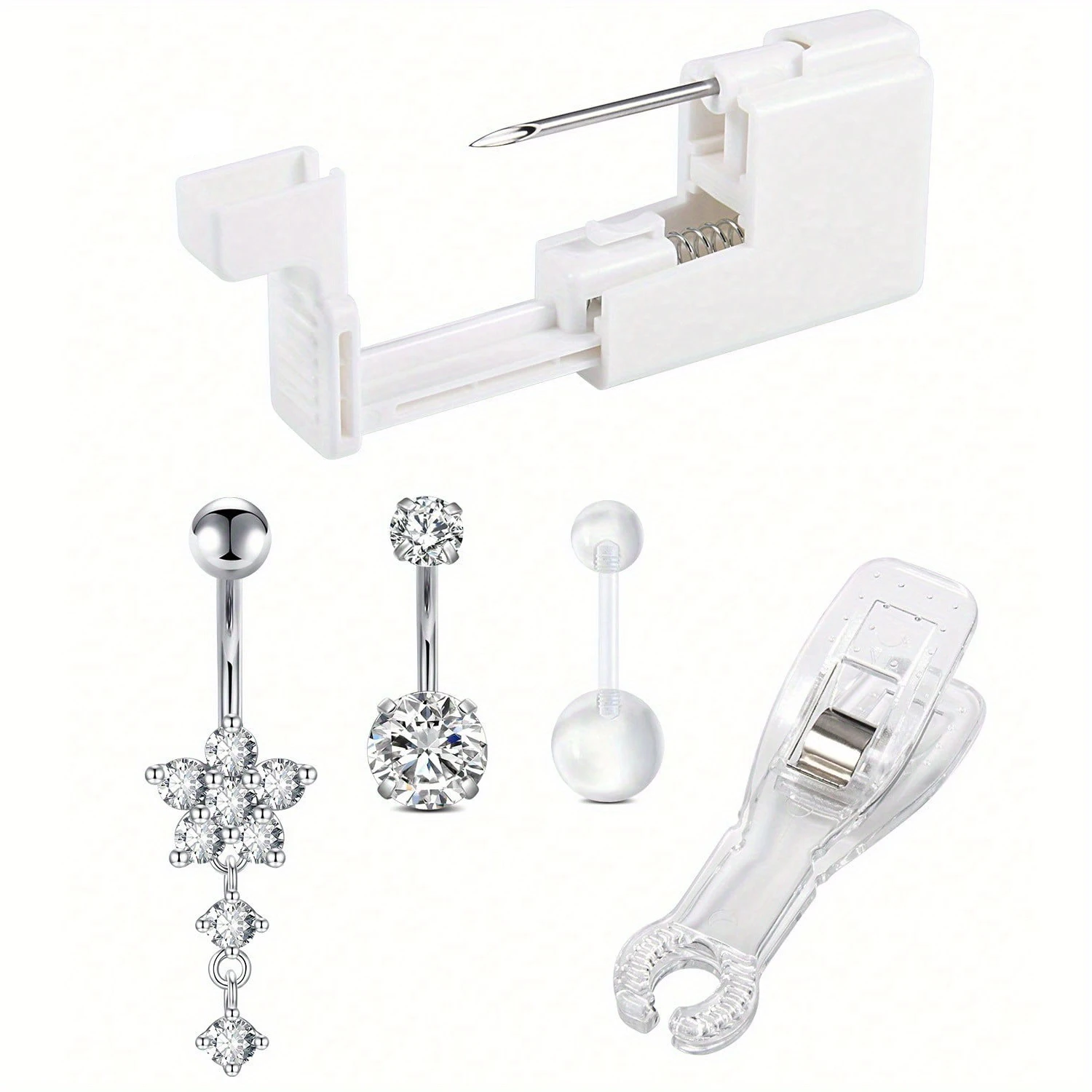 5pcs Professional Body Navel Piercing Kit With Safe Gun Stainless Steel For Belly Button Rings Sparkling Zirconia