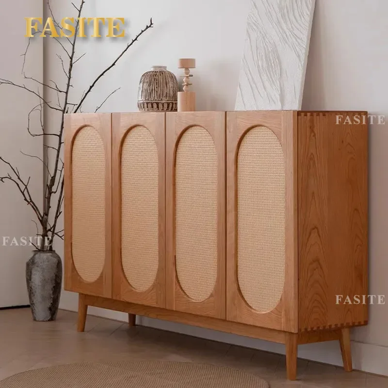 For Nordic Japanese Rattan Cherry Wood Shoe Cabinet Simple Solid Wood Porch Entryway Locker Multi Layer Storage Home