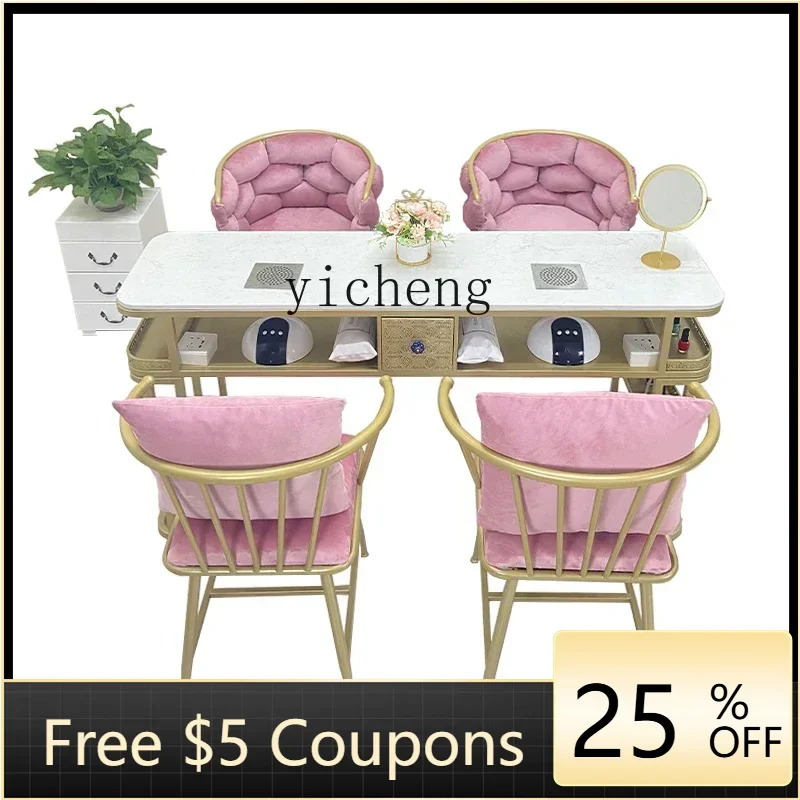 LYY Vacuum Cleaner Nail Table Set Marble Internet celebrity Nail Table Pink Bread Chair