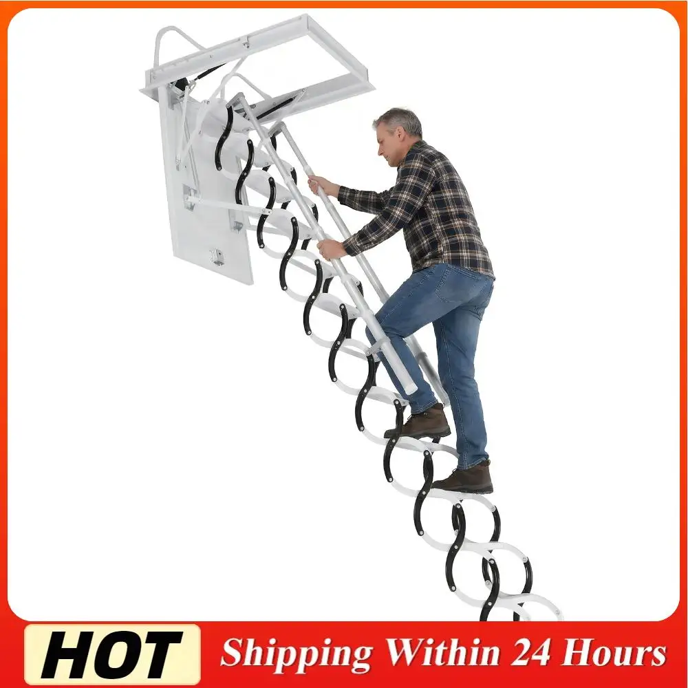 

Ceiling Mounted Attic Ladder with Handrails Indoor Concealed Steps 660LBS Capacity Pull Down System for Garages/Roofs/Basements