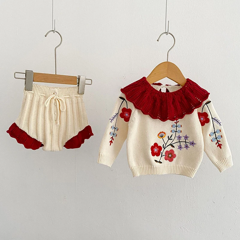 Autumn Spring Children Clothes Toddler Baby Girl Clothes Suit Flower Embroidery Sweater+PP Shorts Infant Baby Girls Clothing Set