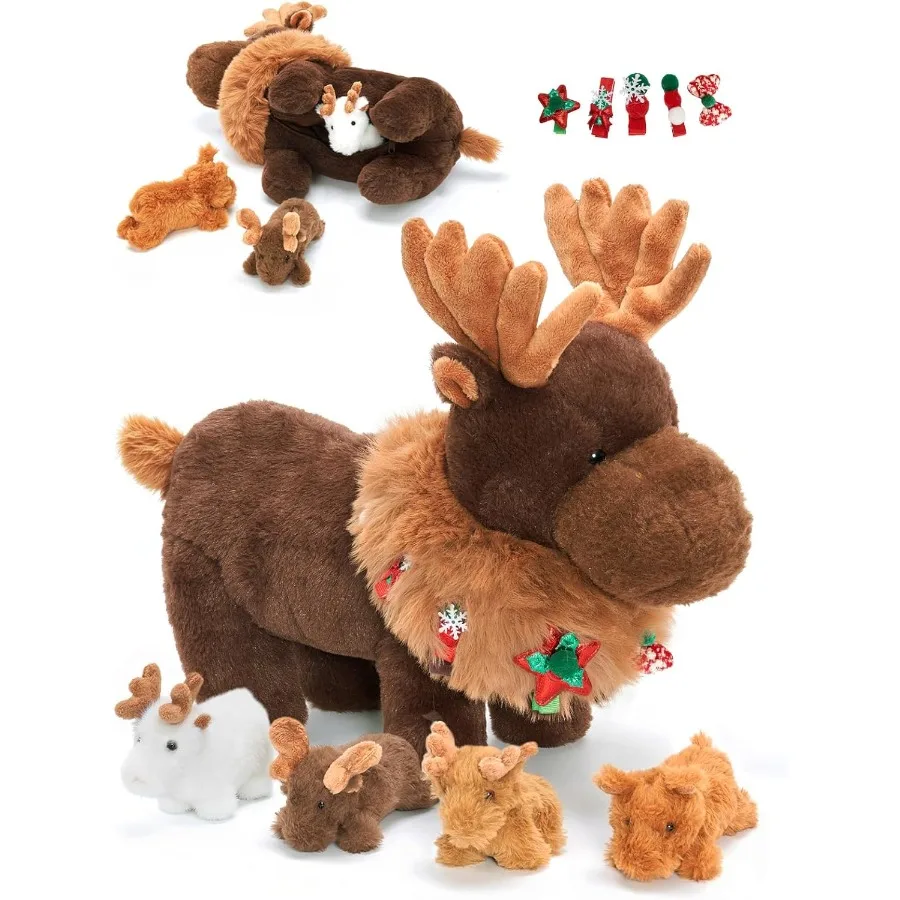 ชุดตุ๊กตาแม่กวางมูสและลูกกวาง 4 ตัว ขนาดใหญ่ 14.5 นิ้ว ของเล่นกวางคริสต์มาสเนื้อนุ่ม สีน้ำตาลครีม เหมาะสำหรับเด็กวัยเตาะแตะ