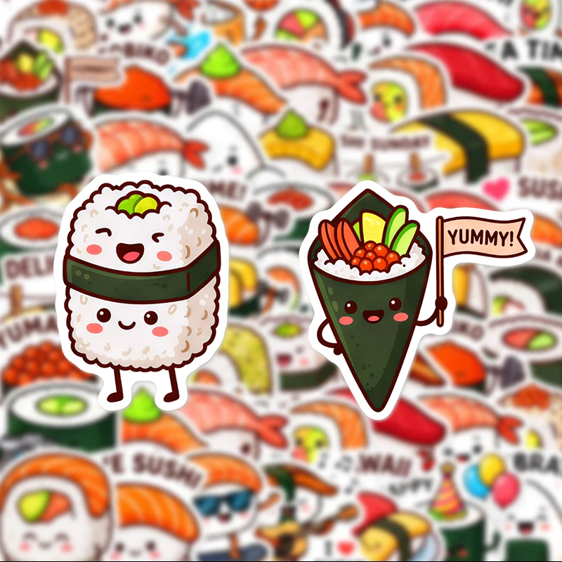 50 Cute Human-Like Sushi Daily Life Stickers, Suitable for Diaries, Laptops, Car Bumpers, Skateboards, Water Bottles, Computers, Phone Decorations, Etc