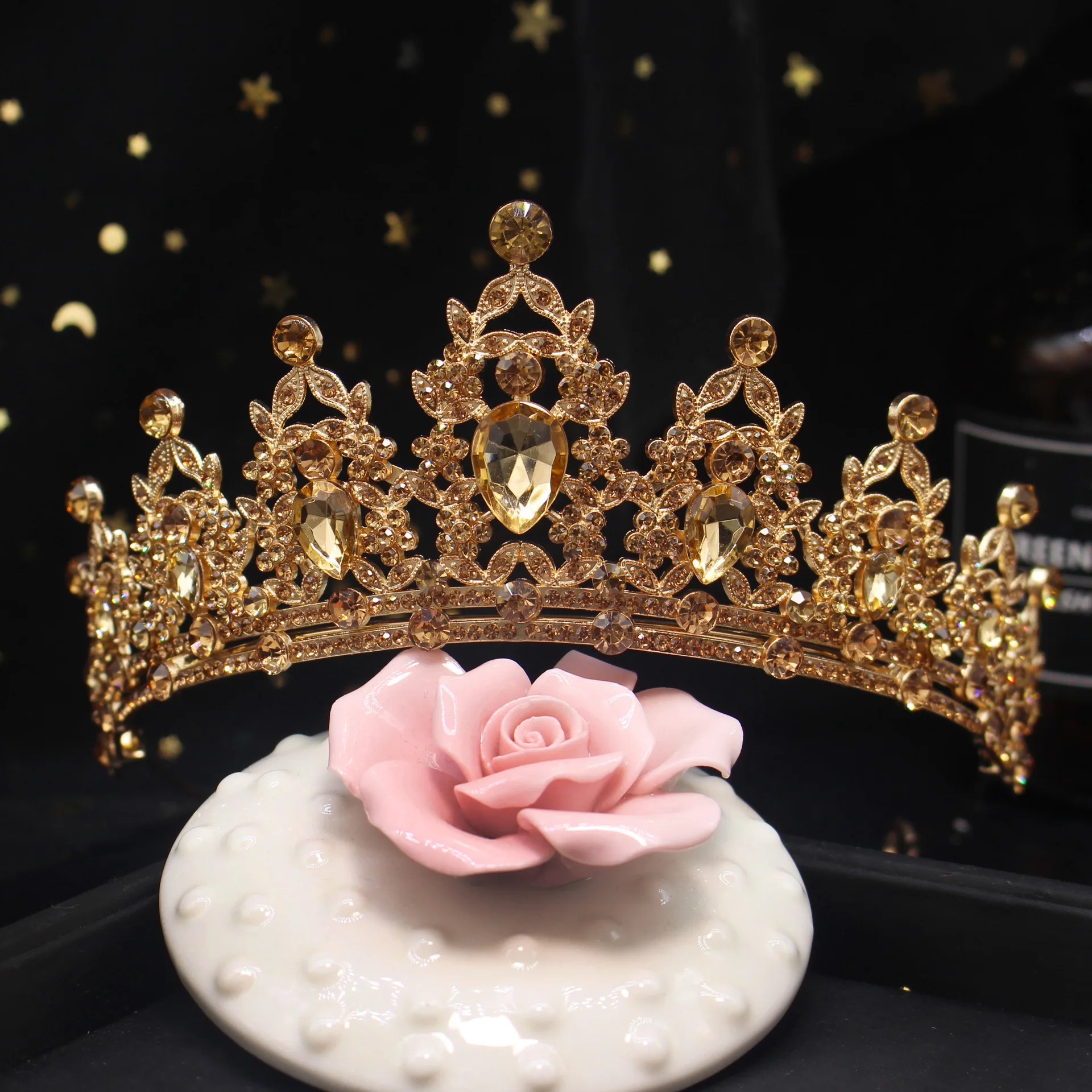 Baroque Vintage Gold Color Pink Crystal Wedding Tiaras Crown Rhinestone Diadem Bridal Hair Accessories Headbands Tiara De Noiva