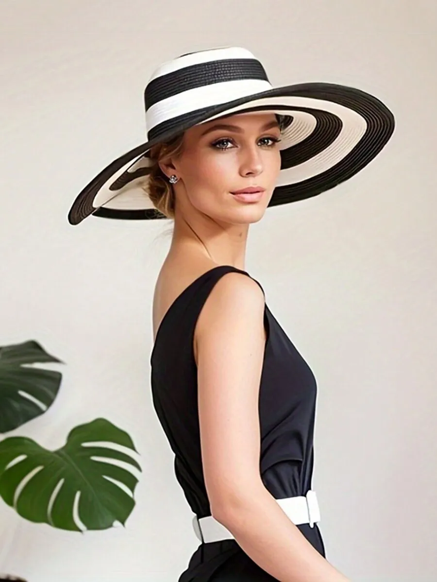 

Women Summer Sun Hat With Black And White Thick Stripes Wide Brim Straw Hat For Beach Outdoor