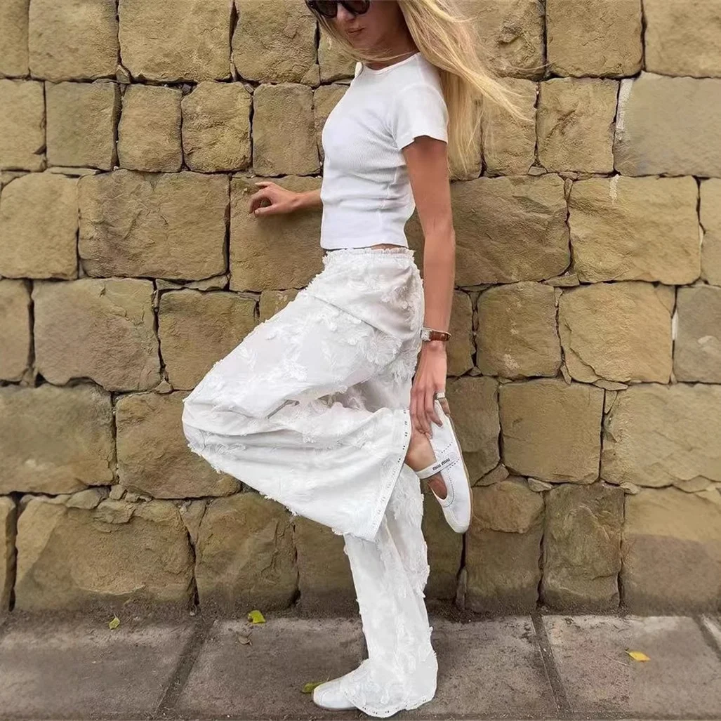 

Elegant Summer New Mermaid Wide Leg Pants Embroidered Lace Trim 3D Petal Stitching High Waist Cotton Casual Trousers