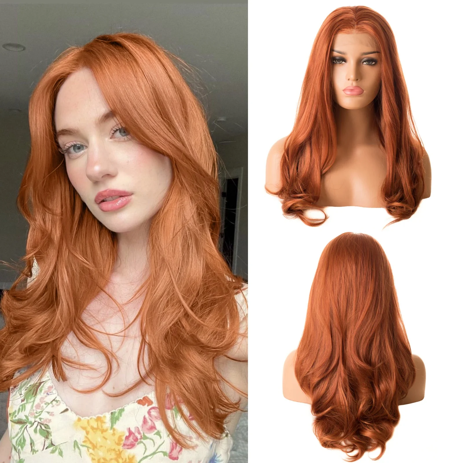 Long Auburn Wig Layered Natural Wavy Synthetic Hair Free Part Copper Wigs for Women Curly Orange Wig for Daily Party Cosplay