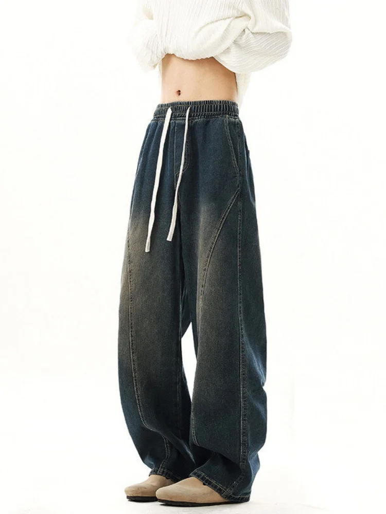 

Американские мужские джинсы с эластичным поясом, широкие брюки-кюлоты прямого кроя, удлиненные, для весны и осени