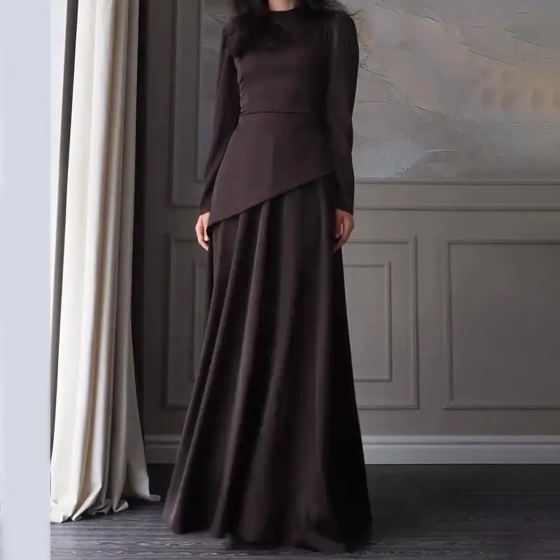 

Elegant Splice Slimming Set Dress 2025 New Style Women's Fashionable Ensemble Long Sleeve round Neck Polyester Fabric