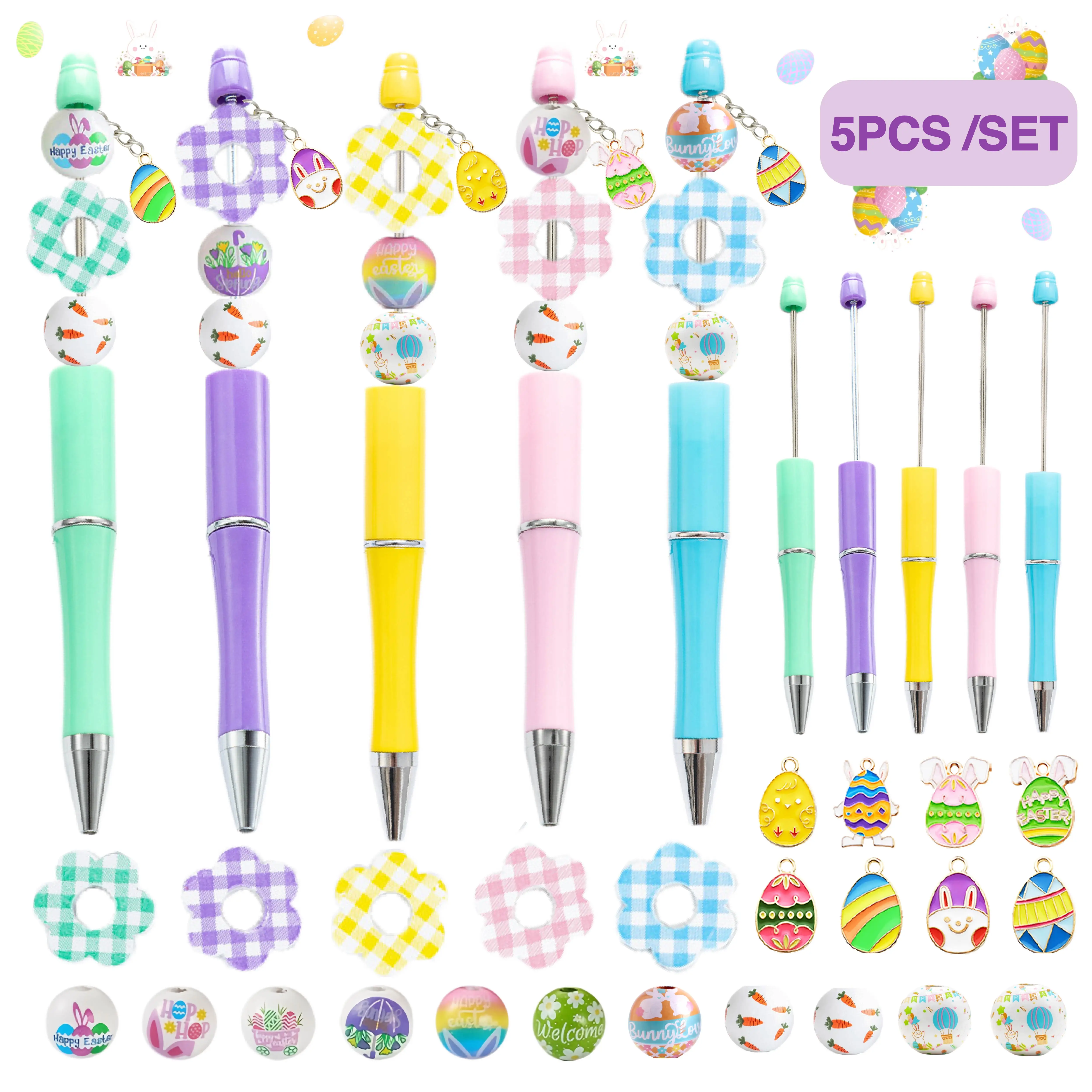 

5PCS/10PCS Easter Flower Theme DIY Bead Ballpoint Pen And Wooden Pendant Set, Office And Study Supply