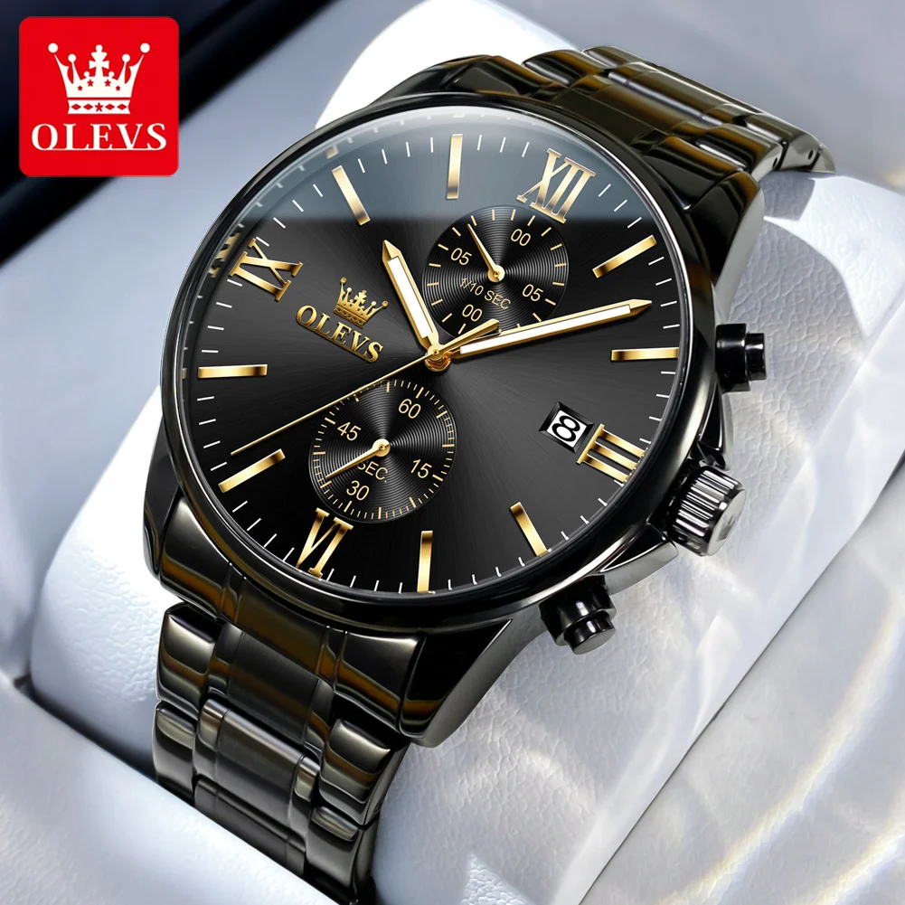 OLEVS 2886 Classic Black Quartz Watch for Men Elegant Chronograph Auto Date Clock Waterproof Luminous Top Brand Men\'s Wristwatch