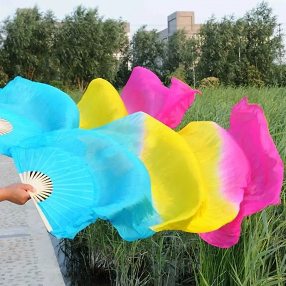 

50cm Belly Dancing Fan Gradient Color Multicolors Long Imitation Fan Right/Left Hands Dance Accessories Rayon Silk Fans
