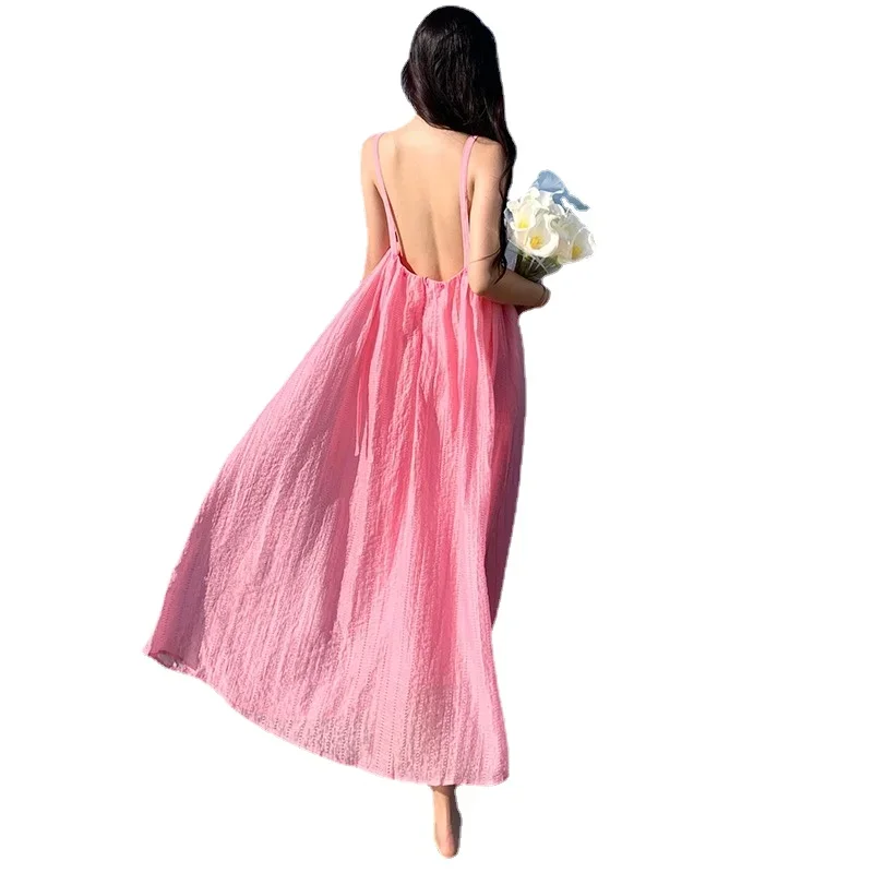 New Daring Fairy Backless Prom Dress Modern Women Pink Summer Birthday Sexy Dress Female Midi Holiday Sweet Simple Style Clothes