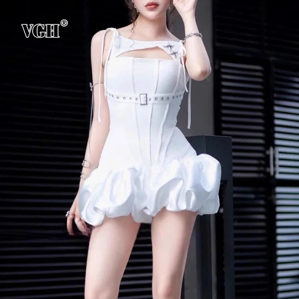 

VGH Designer Hollow Out Solid Slim Fit Dresses For Women Square Collar Sleeveless High Waist Spliced Folds Sexy Dress Female New