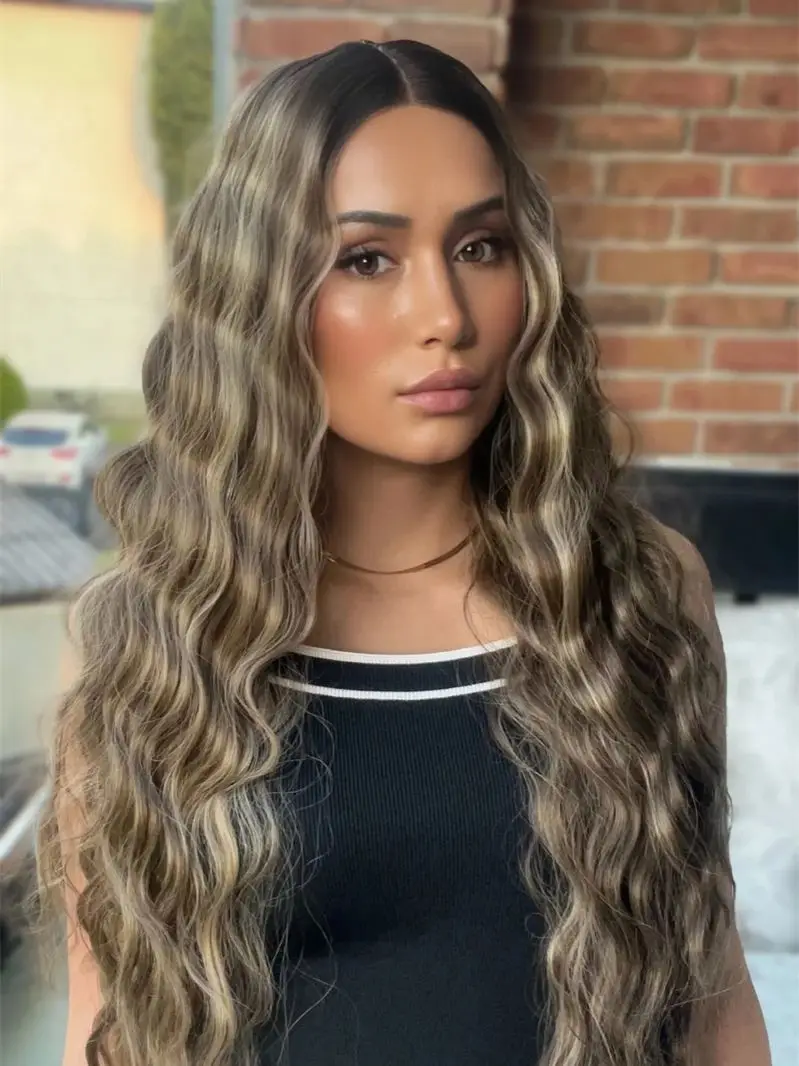 

Long Length Curly Wave Brunette Fibre Elastic Highlight Ombre Brown Blonde Synthetic HD Lace Front Top Wigs Daily Cosplay Wigs