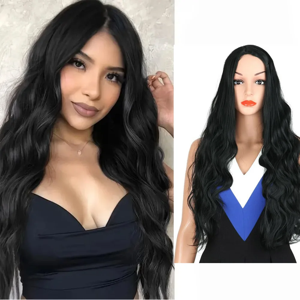 

70cm long Black body wave Synthetic Wigs Middle Part bangs Curly Heat Resistant hair Rose Net Cap elegance women Daily Use wigs