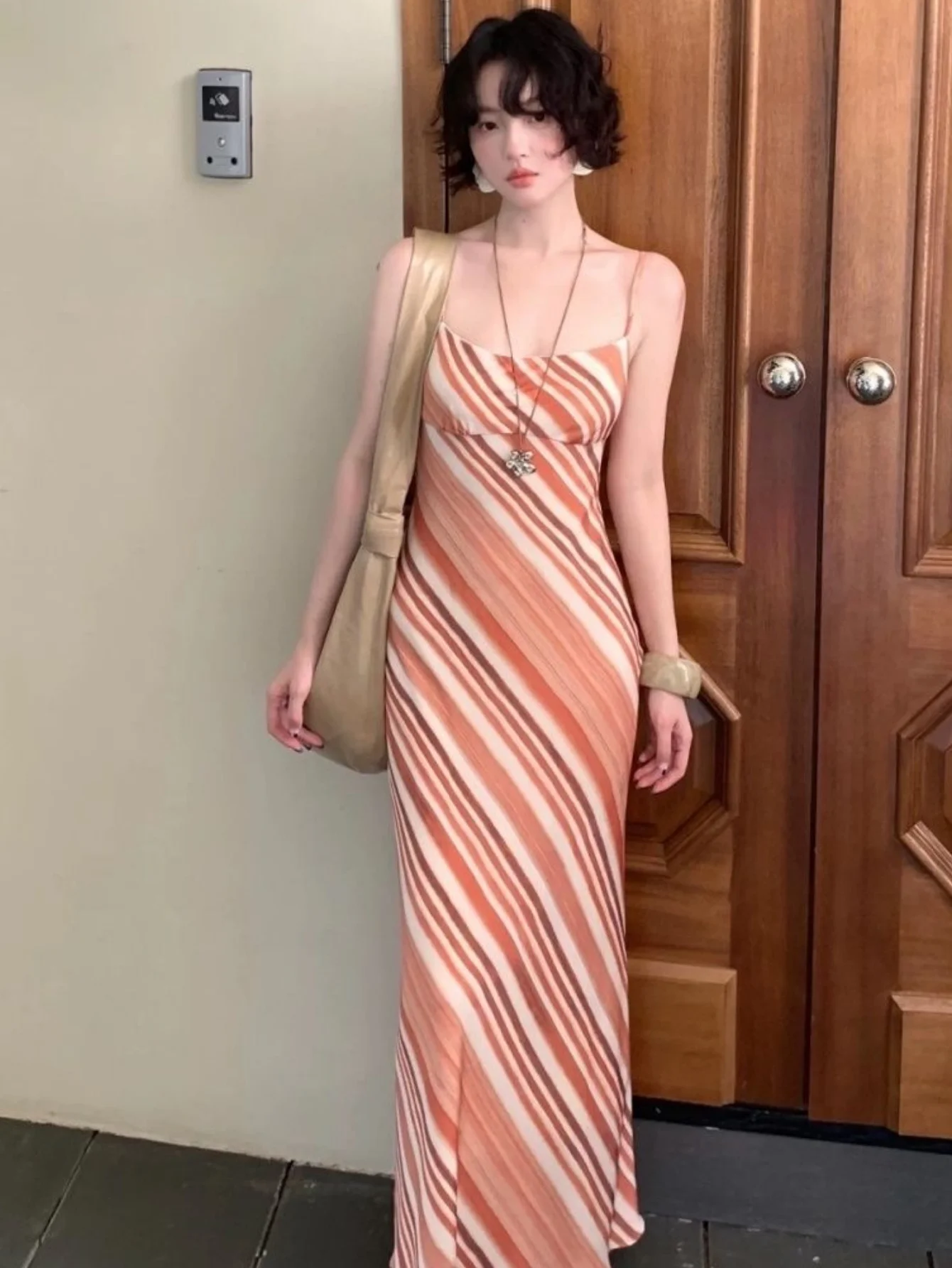 Women's Retro Striped Elegant Print Spaghetti Strap Mesh Long Dress For Summer Beach Outing Travel Bohemian Festival Holidays