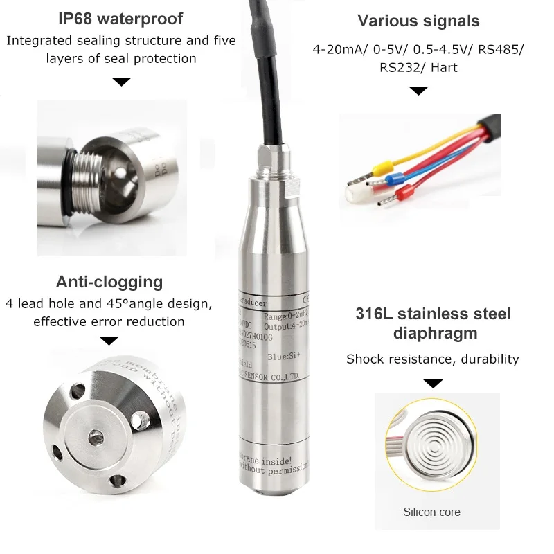 0-10V 4-20ma Modbus Well Waste Water Liquid Tank Submersible Hydrostatic Sensor Level Transmitter