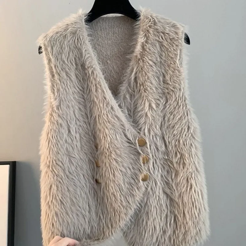 V-Neck Knit Cardigan Vest for Women Autumn Spring New Outerwear Fluffy Faux Mink Fur Sweater Vests Sleeveless Jacket Trendy