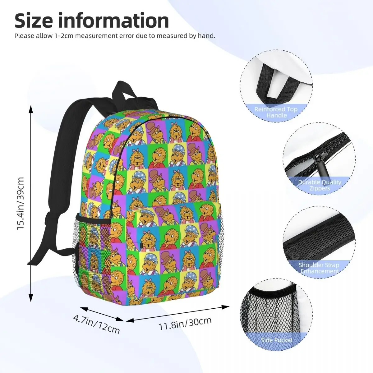 Berenstein Bears Family Pop Fan Art Squares Backpacks Boy Girl Bookbag Fashion Students School Bags Laptop Rucksack Shoulder Bag