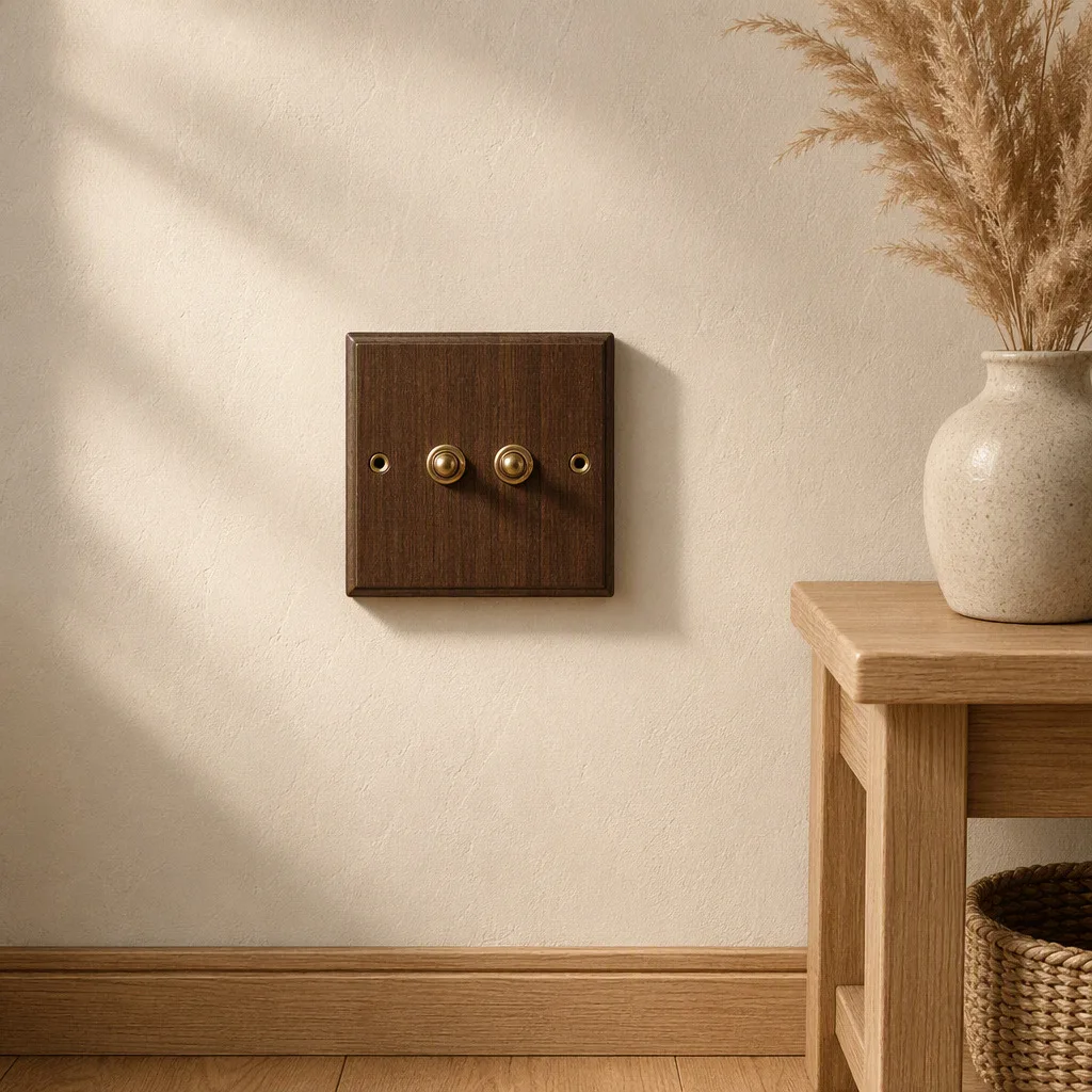 French Vintage Walnut Wood & Brass Toggle Switch Retro Style Wall Socket Panel with Natural Grain Finish for Classic Home Decor
