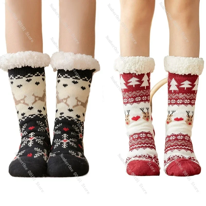 Sleeping socks women's warm winter long Christmas socks thickened fleece foot warm coral fleece indoor home floor socks