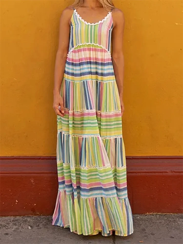 CHRONSTYLE-Vestido Maxi Longo com Estampa Listrada, Decote V, Cintura Alta, Camadas, Babados, Bainha, Correia de Espaguete, Festa, Clube