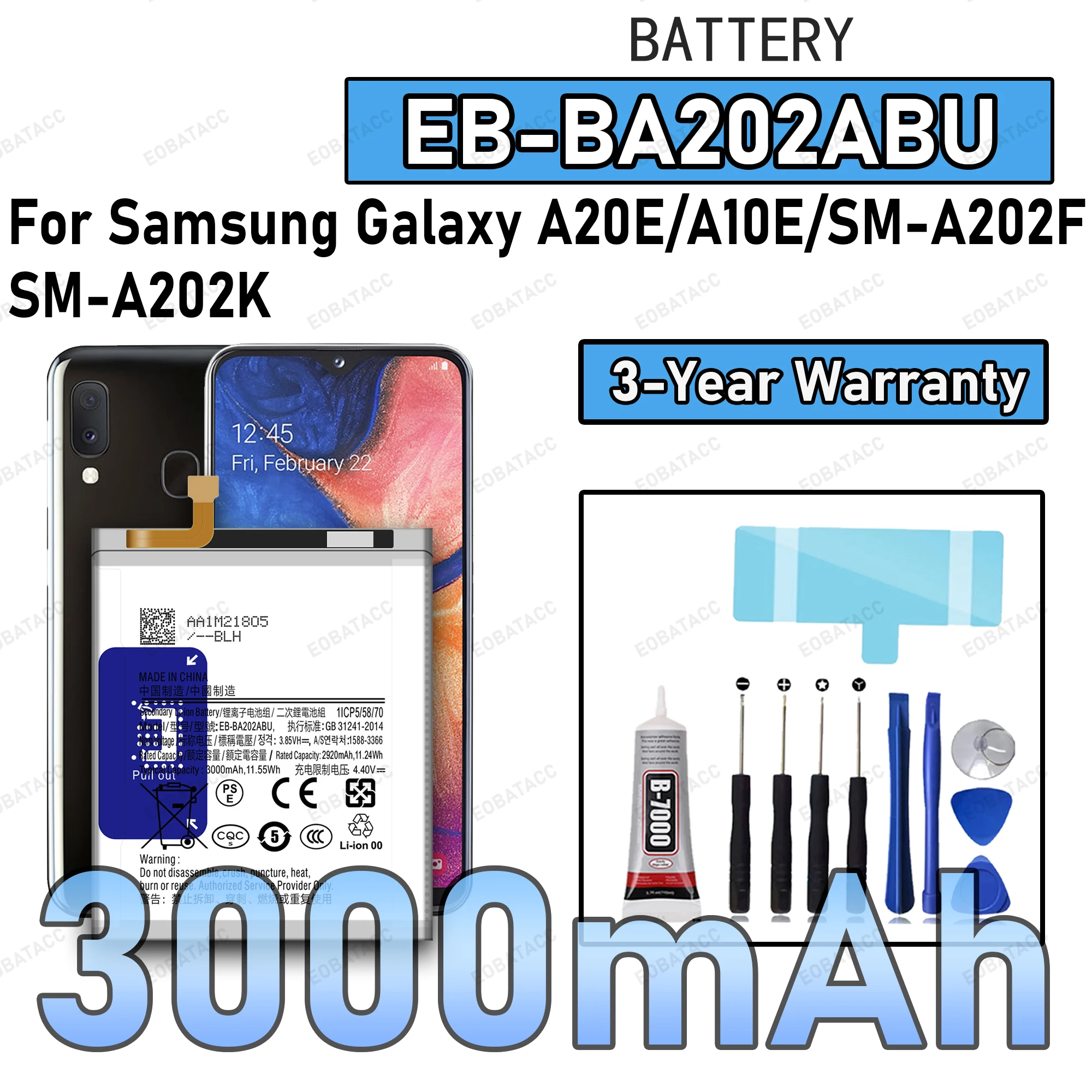 

100% New Zero Cycle EB-BA202ABU Battery For SAMSUNG GALAXY A20E/SM-A202K/A10E/SM-A102U Replacement batteria+Free tools