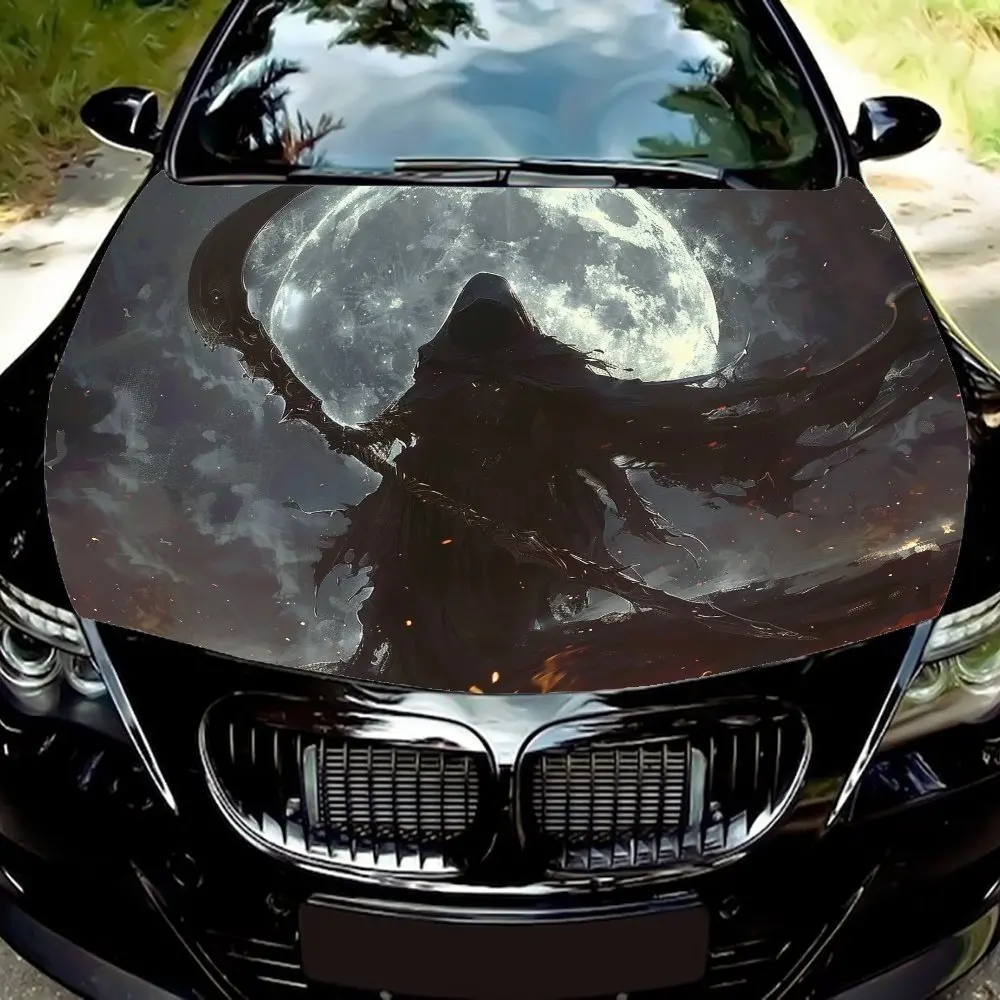 

Scythe Grim Reaper Under The Moon Car Hood Decal Sticker - Splash-Resistant PVC Vinyl Wrap, Easy Removal No Residue, Fit For Mos