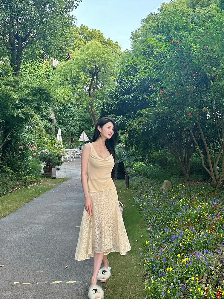 

Оригинальная юбка-миди Wcouture Vanilla Sweet Cone с высокой талией и кружевом Fi Tail спереди ort Ba Длинный цвет Бежевый хлопок Полиэстер...