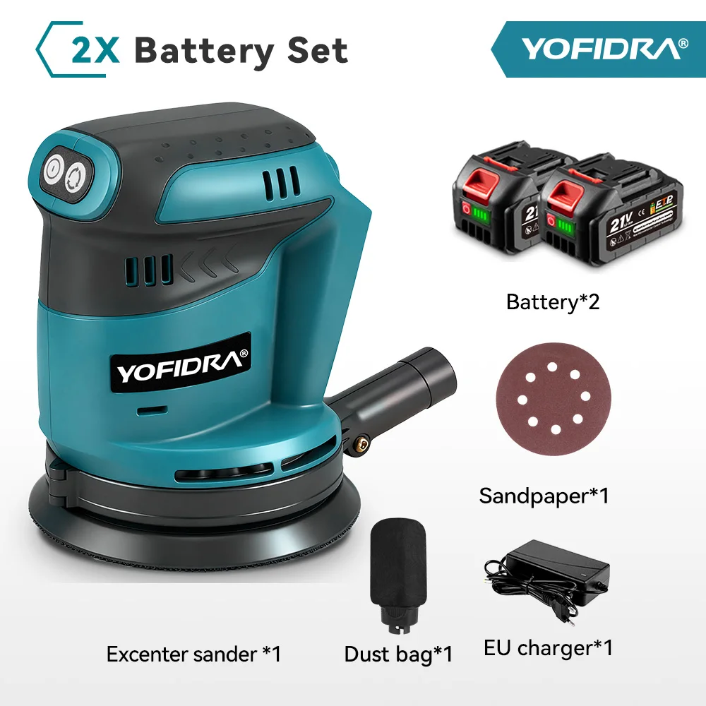 YOFIDRA 125MM Elektrischer Exzenterschleifer, Akku-Schleif- und Poliermaschine, Holzbearbeitungs-Elektrowerkzeug für Makita-Akkus