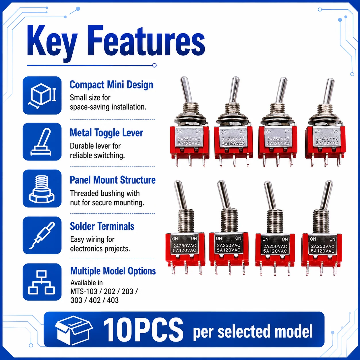 10PCS Red MTS Mini Toggle Switch MTS-103 MTS-202 MTS-203 MTS-303 MTS-402 MTS-403 2/3 Position ON-OFF ON-ON ON-OFF-ON